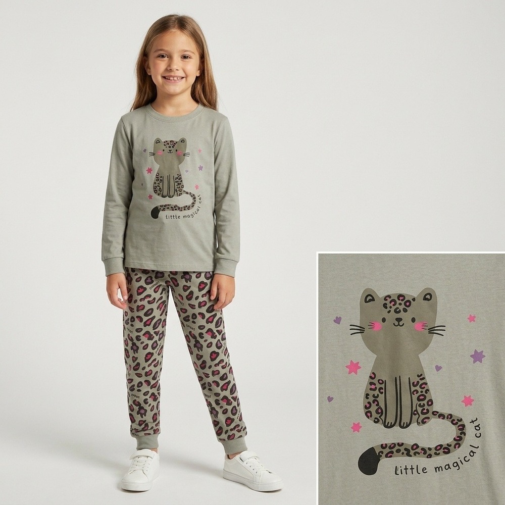 Cat Pajama Set Kids 7-8Y Green Leopard Print Excellent Magical Cat